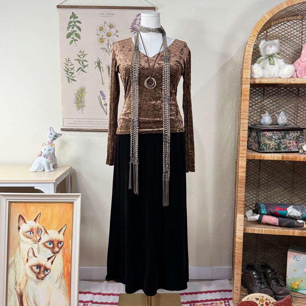 90s Y2k Black Velvet Maxi Skirt Romantic Goth Whimsigoth Vampire Dark Fairy L